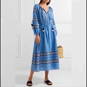 LoveShackFancy Women's Blue Isla Embroidery Boho Pompom‎ Midi Dress XS